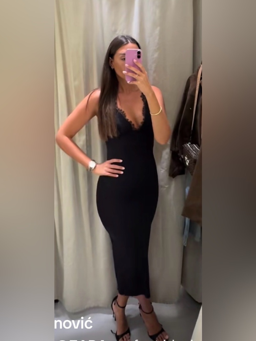 🔥🔥🔥Black Lace-Trim Slip Midi Dress - Picture 3 of 8